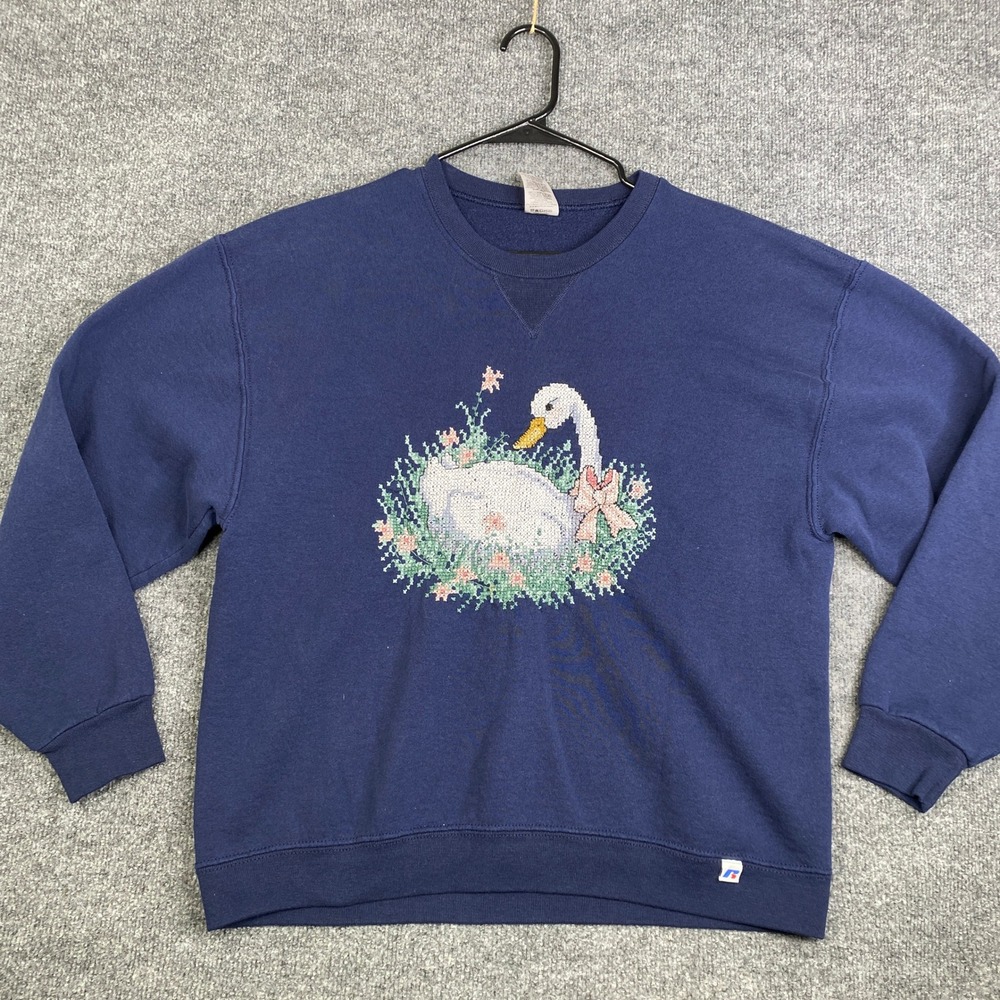 Vintage Russell Athletic Swan Cross Stitch Sweatshirt Blue Large Cottagecore
